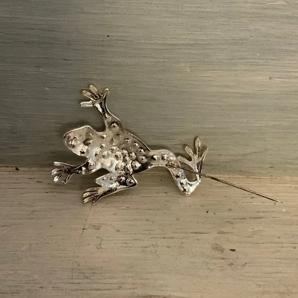 Vintage Silver & Gold Tone Bejeweled Frog Brooch Pin 2.5